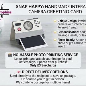 May include: A handmade interactive greeting card shaped like a vintage camera with a pull-out Polaroid frame. The card features a white and grey camera body with a circular lens, a pink button, and a black rectangular insert for a photo or message.