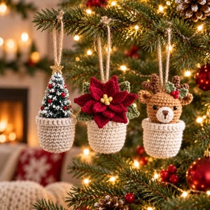 May include: Three hanging crochet ornaments in beige pots. The first is a miniature green Christmas tree with red berries and a gold star. The second is a red poinsettia flower with green leaves. The third is a brown reindeer with antlers.