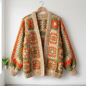 Granny Square Cardigan Crochet Pattern PDF, Oversized Autumn Patchwork, Sizes S–2XL