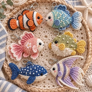 Crochet Fish Keychain Pattern PDF, 6 Amigurumi Fish Designs, Clownfish Shark Pufferfish, Instant Download