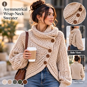 May include: An asymmetrical wrap-neck sweater in beige knit fabric featuring a high collar, long sleeves with ribbed cuffs, and a diagonal front closure with four large brown buttons. The text reads Asymmetrical Wrap-Neck Sweater.
