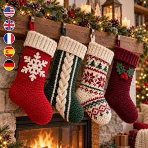 May include: Four crocheted Christmas stockings hanging in a row. The first is red with a white snowflake, the second is dark green with a white cable knit pattern, the third is cream with red and green geometric motifs, and the fourth is maroon with holly.
