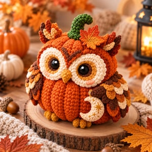 May include: A crocheted owl-pumpkin hybrid figurine featuring a round orange body, a green stem, large black eyes, and layered brown, cream, and orange wings. The figure is adorned with a small cream-coloured crescent moon charm and fabric leaves.