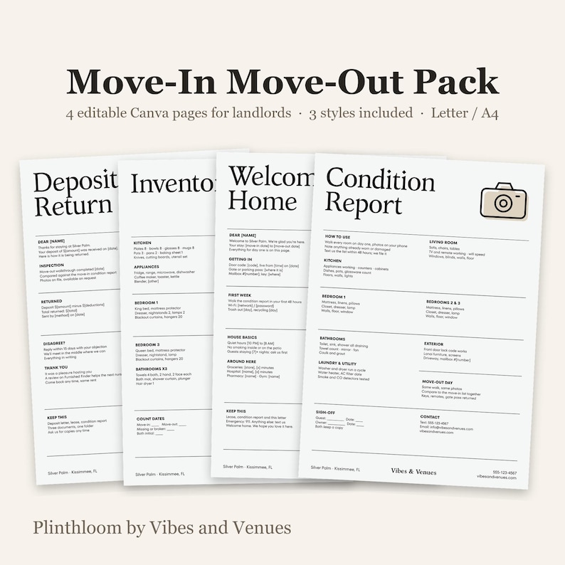 Editable Landlord Move-In Move-Out Pack, Tenant Welcome Letter, Inventory List (Canva Template)