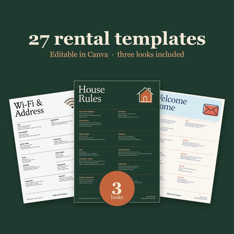 Airbnb Host Bundle: 27 Editable Canva Templates (Guest Book, Lease, Flyer)