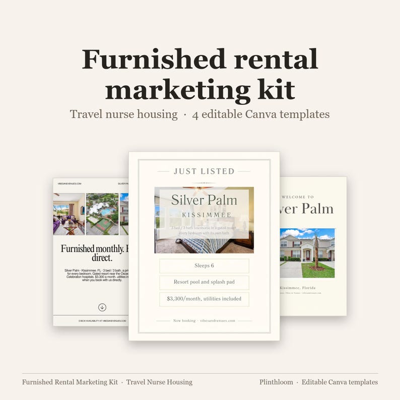 Editable Canva Travel Nurse Housing Marketing Kit | Furnished Rental Templates
