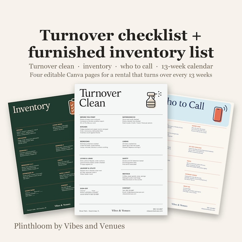 Airbnb Turnover Checklist + Inventory List + Stay Calendar (Editable Canva)