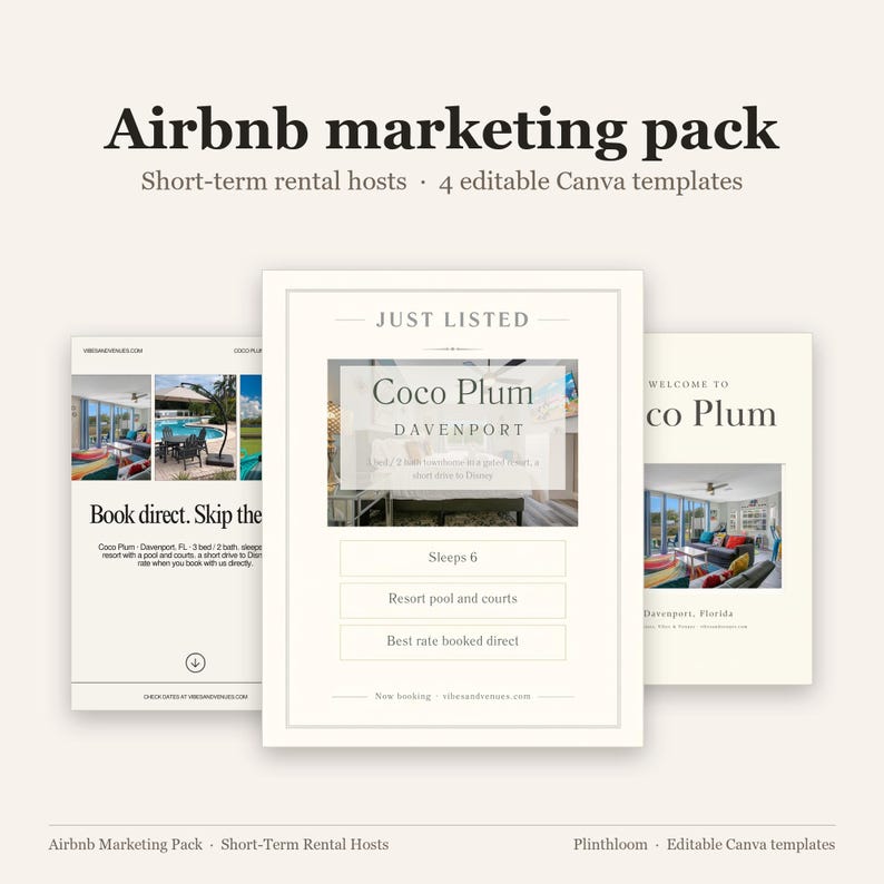 Airbnb Marketing Pack | Direct Booking Pin, Welcome Book Cover (Editable Canva Templates)