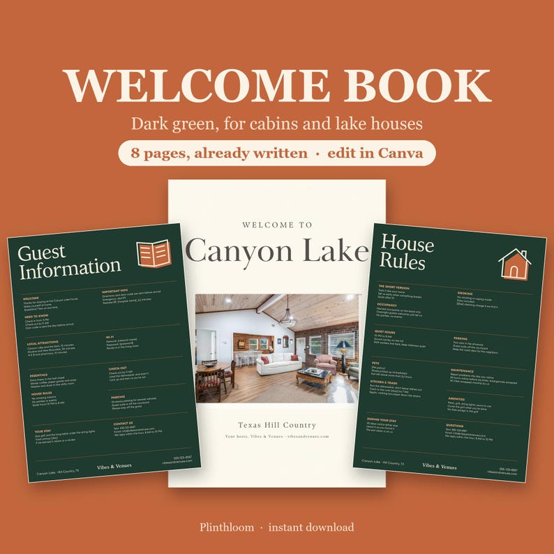 Dark Green Cabin Welcome Book Template, Lake House Guest Guide
