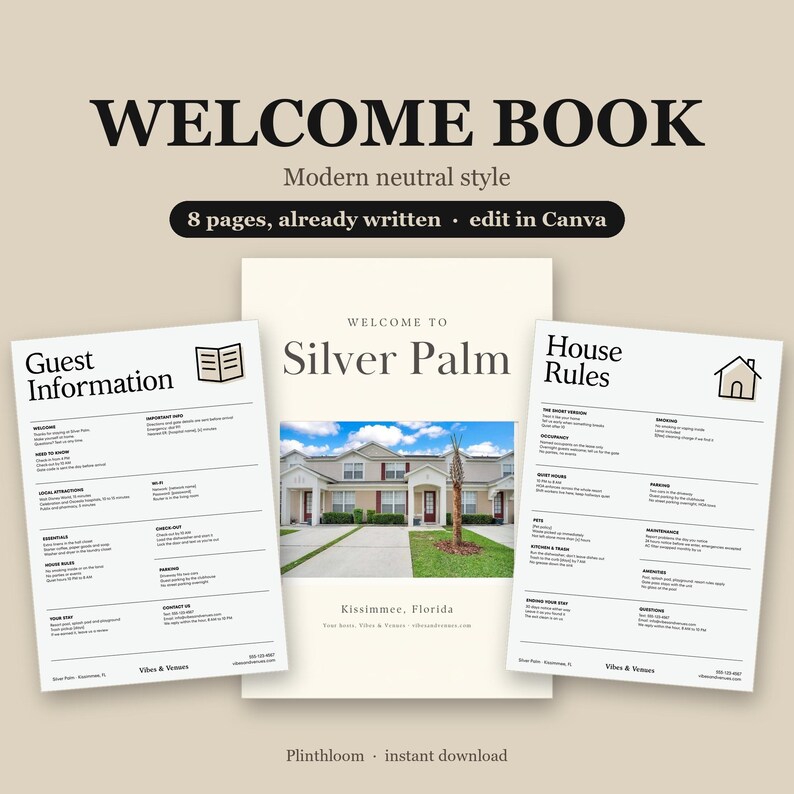 Modern Neutral Airbnb Welcome Book Template, Editable Canva Guest Guide