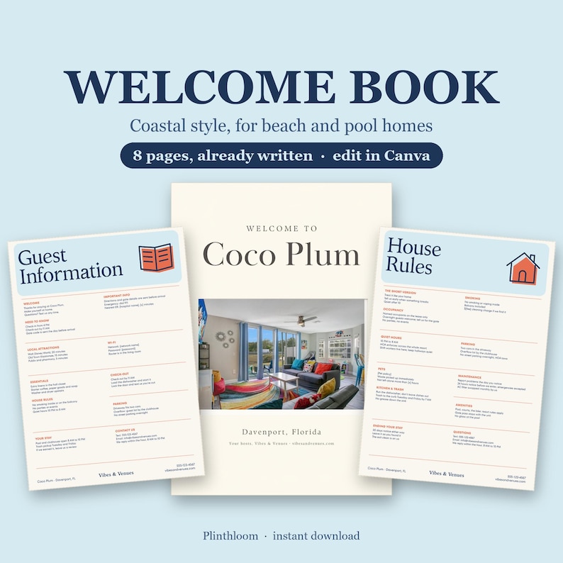 Coastal Beach House Welcome Book Template, Editable Canva Guest Guide