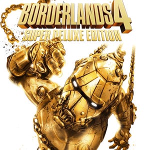 Pode incluir: O título Borderlands 4 Super Deluxe Edition é exibido em letras douradas acima de uma figura dourada e blindada usando um capacete metálico com olhos brancos brilhantes, apresentando detalhes mecânicos intrincados e correntes pesadas.