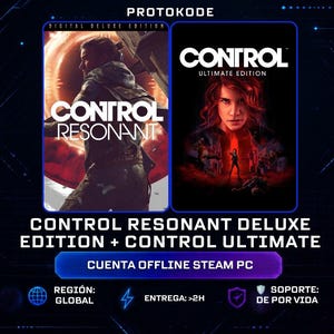May include: A digital product graphic featuring the game titles Control Resonant Digital Deluxe Edition and Control Ultimate Edition. The text includes Protokode, Control Resonant, Control Ultimate Edition, Control Resonant Deluxe Edition + Control Ultimate, and Cuenta Offline Steam PC.
