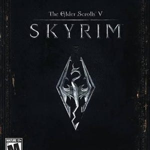 以下が含まれることがあります： 中央に銀色のドラゴンの紋章が描かれた、The Elder Scrolls V Skyrimの黒いビデオゲームケース。テキストにはThe Elder Scrolls V SKYRIMとあり、左下にMature 17+ ESRBレーティングロゴ、右下にBethesdaロゴが配置されています。