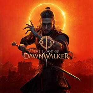 May include: A digital illustration featuring a character with long hair and sharp fingernails holding a sword horizontally. The text THE BLOOD OF DAWNWALKER is centered over the character against a vibrant orange background with a glowing ring.