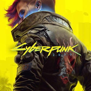 Peut inclure: Une veste en cuir marron foncé à col haut, ornée d'un motif de masque oni rouge et noir dans le dos, d'un écusson SAMURAI et de détails circulaires sur les épaules. Le texte CYBERPUNK 2077 est affiché en jaune et bleu sur un fond jaune vif.