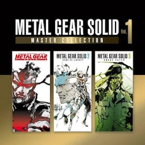 Puede incluir: La Metal Gear Solid Master Collection Vol. 1 presenta tres portadas de juego verticales. La primera muestra una ilustración roja y negra, la segunda una escena azul y blanca, y la tercera un soldado de tono verde saludando en uniforme.