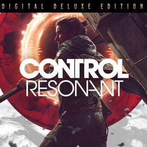May include: A digital deluxe edition game cover featuring a person in a hooded jacket holding a large rectangular object. The text CONTROL RESONANT is centred in white. A large red circular portal glows behind the figure against a white background.