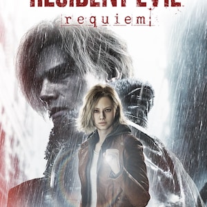 May include: A video game cover for Resident Evil Requiem Deluxe Edition featuring a large, faded portrait of a man behind a woman in a brown leather jacket holding a flashlight. The background shows a rainy, dark scene with silhouettes of people.