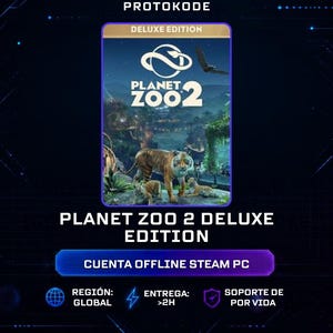 Puede incluir: Una portada de producto digital para Planet Zoo 2 Deluxe Edition con un tigre y cachorros en un hábitat exuberante. El texto incluye PROTOKODE, PLANET ZOO 2 DELUXE EDITION, CUENTA OFFLINE STEAM PC, REGIÓN: GLOBAL, ENTREGA: >2H y SOPORTE DE POR VIDA.