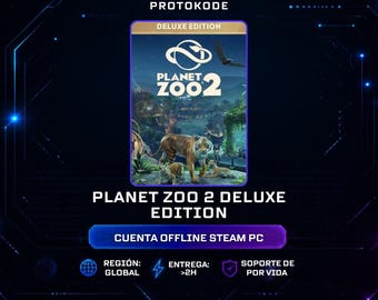 May include: A digital product cover for Planet Zoo 2 Deluxe Edition featuring a tiger and cubs in a lush habitat. Text includes PROTOKODE, PLANET ZOO 2 DELUXE EDITION, CUENTA OFFLINE STEAM PC, REGIÓN: GLOBAL, ENTREGA: >2H, and SOPORTE DE POR VIDA.
