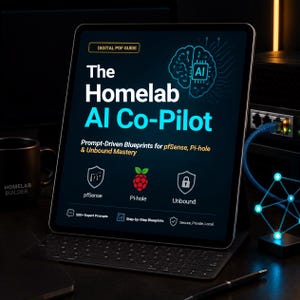 May include: A tablet displaying a digital PDF guide titled The Homelab AI Co-Pilot, featuring a brain icon with an AI chip, text about prompt-driven blueprints for pfSense, Pi-hole, and Unbound, plus icons for each and 500+ expert prompts.