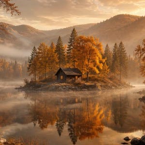 Könnte beinhalten: Eine kleine Hütte steht auf einer zentralen Insel, umgeben von einem ruhigen See. Die Landschaft zeigt dichte Wälder mit orangefarbenem und gelbem Herbstlaub, neblige Berge im Hintergrund und ein sanftes goldenes Licht auf dem Wasser.