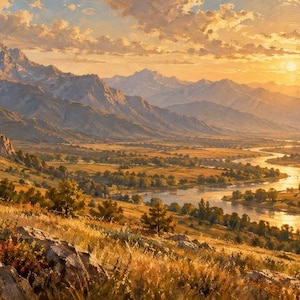 Könnte beinhalten: Ein Landschaftsgemälde, das einen sich schlängelnden Fluss zeigt, der bei Sonnenuntergang durch ein goldenes Tal fließt. Zerklüftete, schneebedeckte Berge erheben sich in der Ferne unter einem Himmel voller weicher, orangefarbener Wolken, während felsiges Gelände den Vordergrund einnimmt.