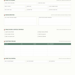 Può includere: Una pagina di modulo per eventi bianca intitolata Floral Runbook Event Snapshot & Design Brief. Il documento include sezioni per i dettagli dell'evento, la direzione del design, l'accesso alla sede, una tabella delle tappe fondamentali e campi di controllo.