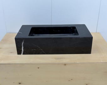 Black Marble Sink, Handcarved Rectangular Vanity Vessel Basin, Wall Mounted Bathroom Sink, Custom Size Nero Marquina Basin