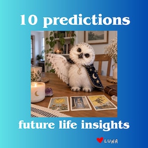 May include: A white owl figurine wearing a dark blue cape with gold celestial patterns and a crescent moon necklace. The owl is positioned on a wooden table with three tarot cards, a candle with a moon icon, and the text 10 predictions future life insights.