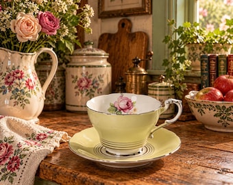 1940s Paragon Teacup & Saucer | Double Royal Warrant English Bone China | Butter Yellow Pink Rose | Vintage Afternoon Tea