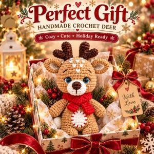 Puede incluir: Un peluche de ciervo tejido a ganchillo en color canela con astas marrón oscuro, bufanda roja y parche blanco en el vientre, dentro de una caja de regalo. La caja incluye una etiqueta con "With Love" y el texto "Perfect Gift HANDMADE CROCHET DEER".