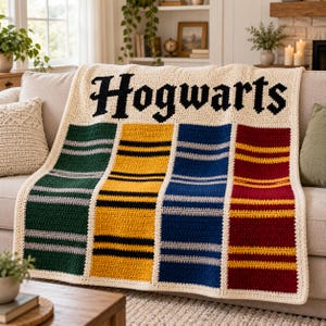 Pode incluir: Uma manta de crochê na cor creme com a palavra Hogwarts em letras pretas na parte superior. Abaixo do texto, há quatro painéis verticais nas cores verde, amarelo, azul e vermelho, cada um com listras horizontais em cores contrastantes.