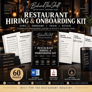 May include: A restaurant hiring and onboarding kit featuring a central binder, various checklists, an interview guide, and a 30-day training plan. The kit includes 60 pages of editable Microsoft Word and printable PDF files for digital download.