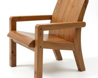 May include: A wooden armchair featuring a light brown finish with visible wood grain patterns. The chair has a solid backrest, two armrests, and four sturdy legs, constructed with a smooth, curved seat and a structured frame design.