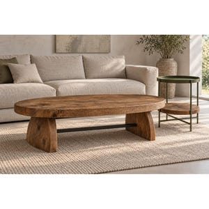 Può includere: Un tavolino da caffè ovale in legno marrone naturale con venature visibili, sostenuto da due spesse gambe in legno curve collegate da una barra di metallo nera. Il tavolo presenta un design basso con una superficie e bordi in legno liscio.