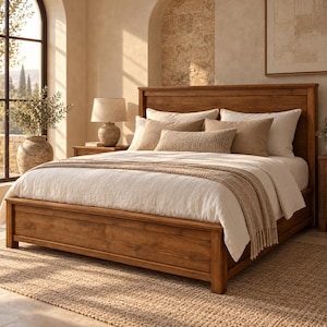 Puede incluir: Una estructura de cama de madera con un cabecero alto, vestida con ropa de cama blanca y una manta beige. La cama está decorada con dos almohadas cuadradas grandes, dos almohadas rectangulares y un cojín decorativo pequeño en tonos neutros.