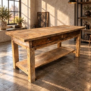 Op de afbeelding: Een rechthoekige houten tafel met een verweerde, lichtbruine afwerking. De tafel heeft een dik blad, vier stevige poten, twee lades aan de voorzijde met donkere metalen handgrepen en een onderste plank voor extra opbergruimte.