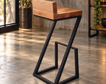 Taburete industrial de hierro negro y cedro macizo, 85 cm de altura, asiento artesanal italiano, diseño de taburete de bar a medida.