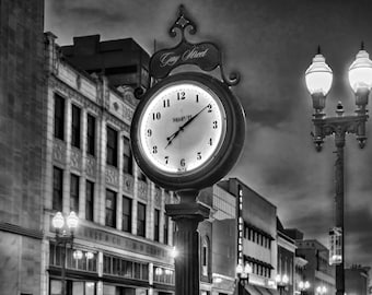 Gay Street Clock Knoxville Tennessee Americana Night Evening Black and White Art Photographic  Print