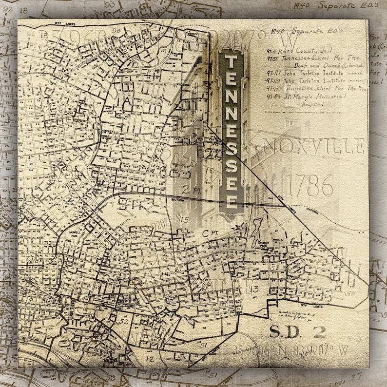 Knoxville Tennessee Theatre Sign Marquee Square Vintage Map Travel