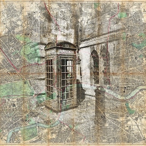 London England Travel Map Art Photo Print Phone Booth Collage Cartography Great Britain Anglophile