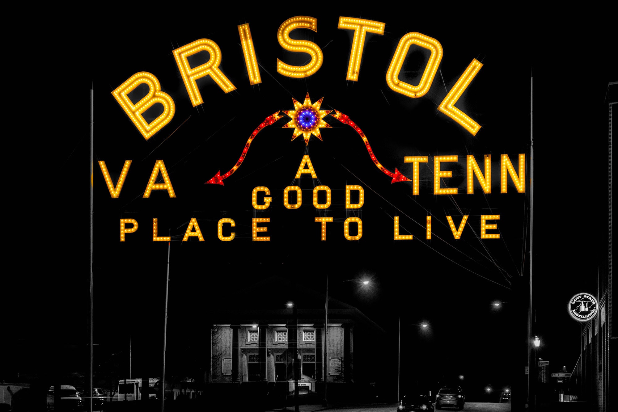 Bristol VA TN Virginia Tennessee Slogan Sign at Night Art Photography Print, image size:2000x1334