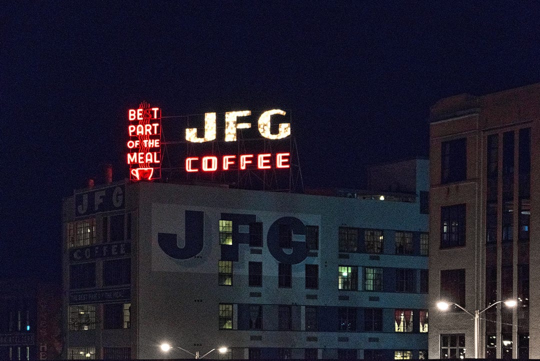 JFG Coffee Historic Sign Landmark Night Evening Light Americana