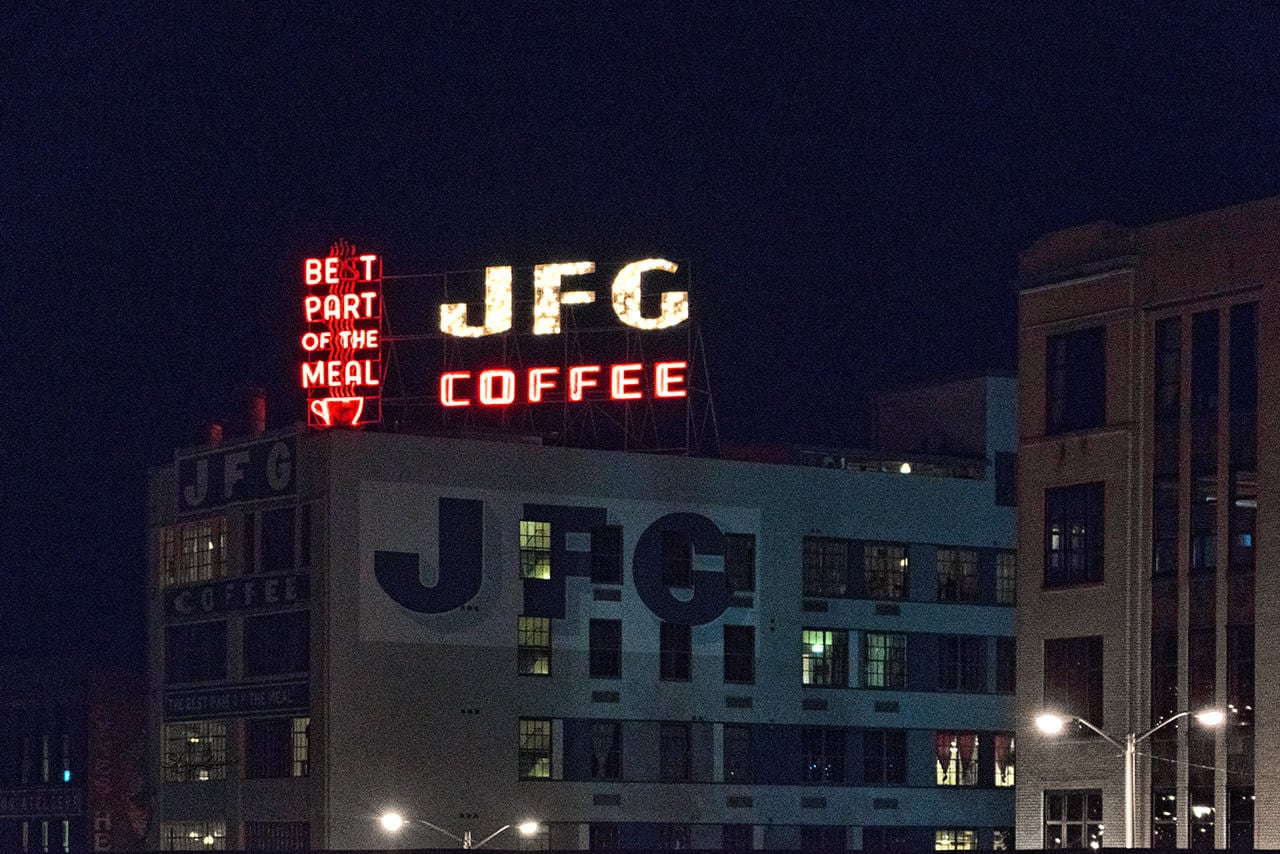 JFG Coffee Historic Sign Landmark Night Evening Light Americana