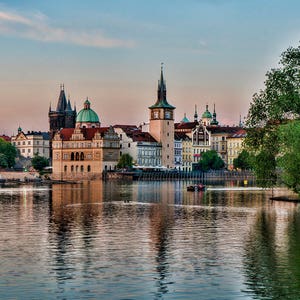 Prague Czech Czechia Water Sunset Scene Cityscape Architecture Color Landmark City Europe Art Photo Print