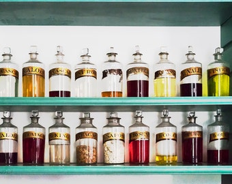 Vintage Glass Apothecary Pharmacist Medicine Bottle Medicinal Colorful Jar Still life Glassware antique Photo Print