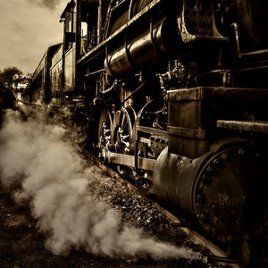 Steam Train Engine Print Americana Art Railroad Passenger Rail Track Wheels Sepia Vintage Antique Style Photo
