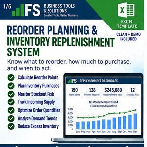 May include: A digital inventory replenishment system template for Excel. The graphic displays a laptop screen showing a dashboard with metrics like active items, reorder points, and a 12-month demand trend chart with blue bars and a green line graph.